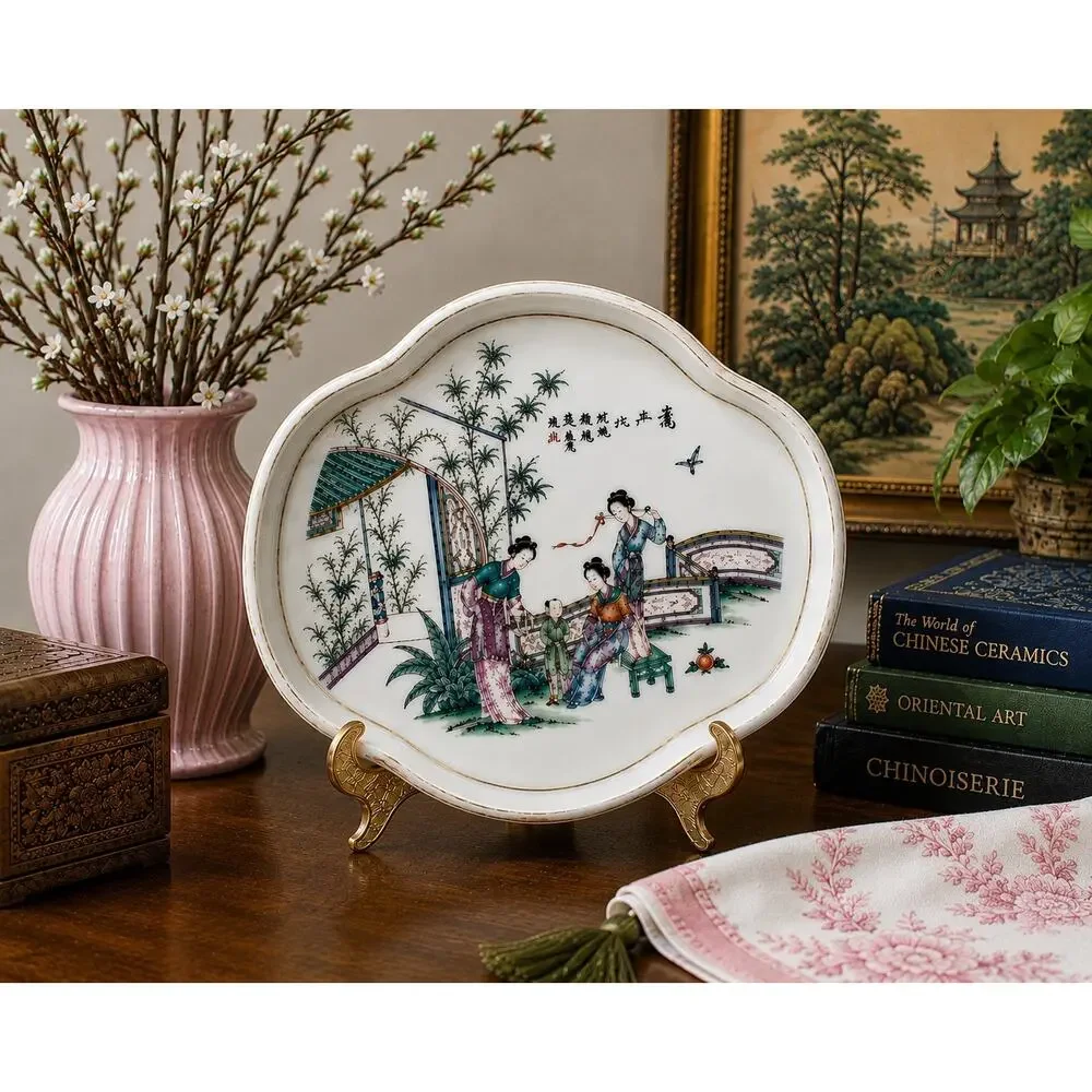 Vintage Chinese Famille Rose Porcelain Scalloped Tray Plate Gold Rim Decor